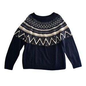 Talbots Sweater Women’s XL Blue Embroidered Yoke Boatneck Pullover Fair Isle